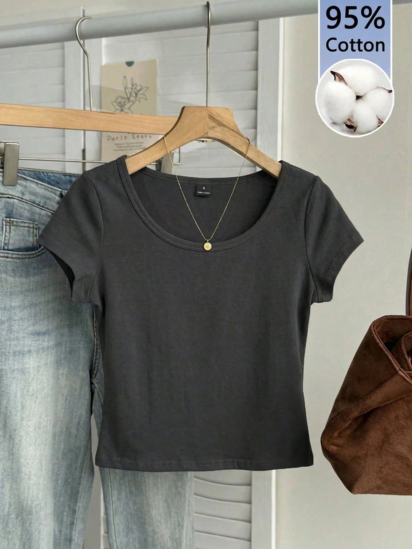 Tseoso 95% Cotton Casual Minimalist Pattern Scoop Neck Cap Sleeve Fitted Women T-Shirt, Dark Grey,Summer Top