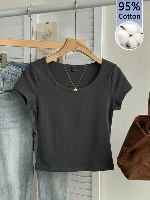 Tseoso 95% Cotton Casual Minimalist Pattern Scoop Neck Cap Sleeve Fitted Women T-Shirt, Dark Grey,Summer Top
