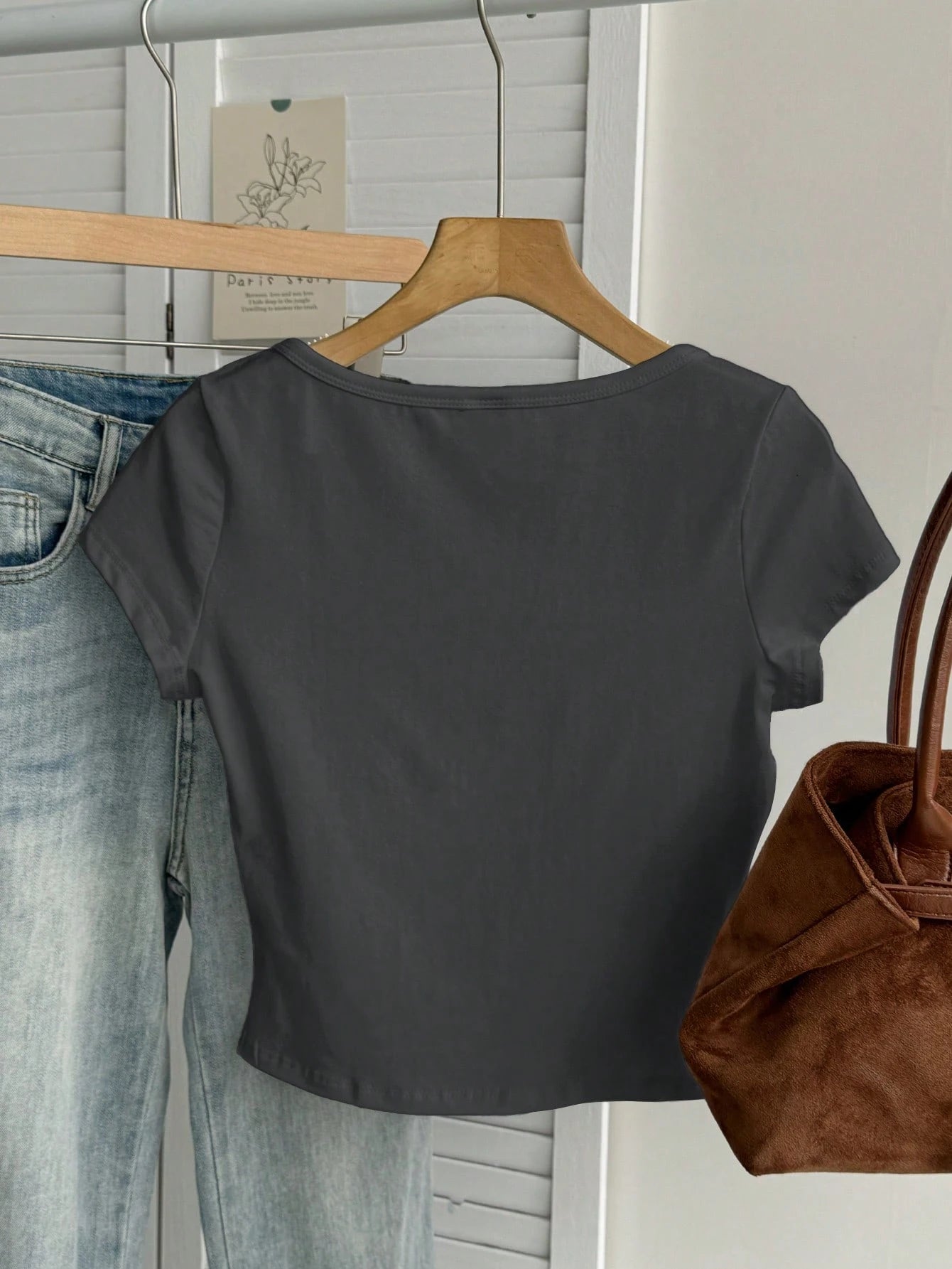 Tseoso 95% Cotton Casual Minimalist Pattern Scoop Neck Cap Sleeve Fitted Women T-Shirt, Dark Grey,Summer Top