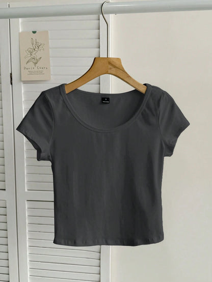 Tseoso 95% Cotton Casual Minimalist Pattern Scoop Neck Cap Sleeve Fitted Women T-Shirt, Dark Grey,Summer Top