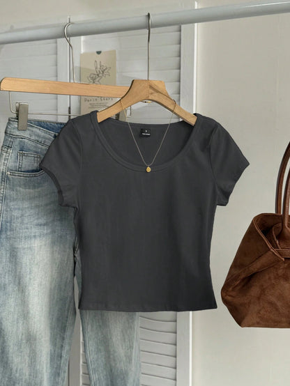 Tseoso 95% Cotton Casual Minimalist Pattern Scoop Neck Cap Sleeve Fitted Women T-Shirt, Dark Grey,Summer Top