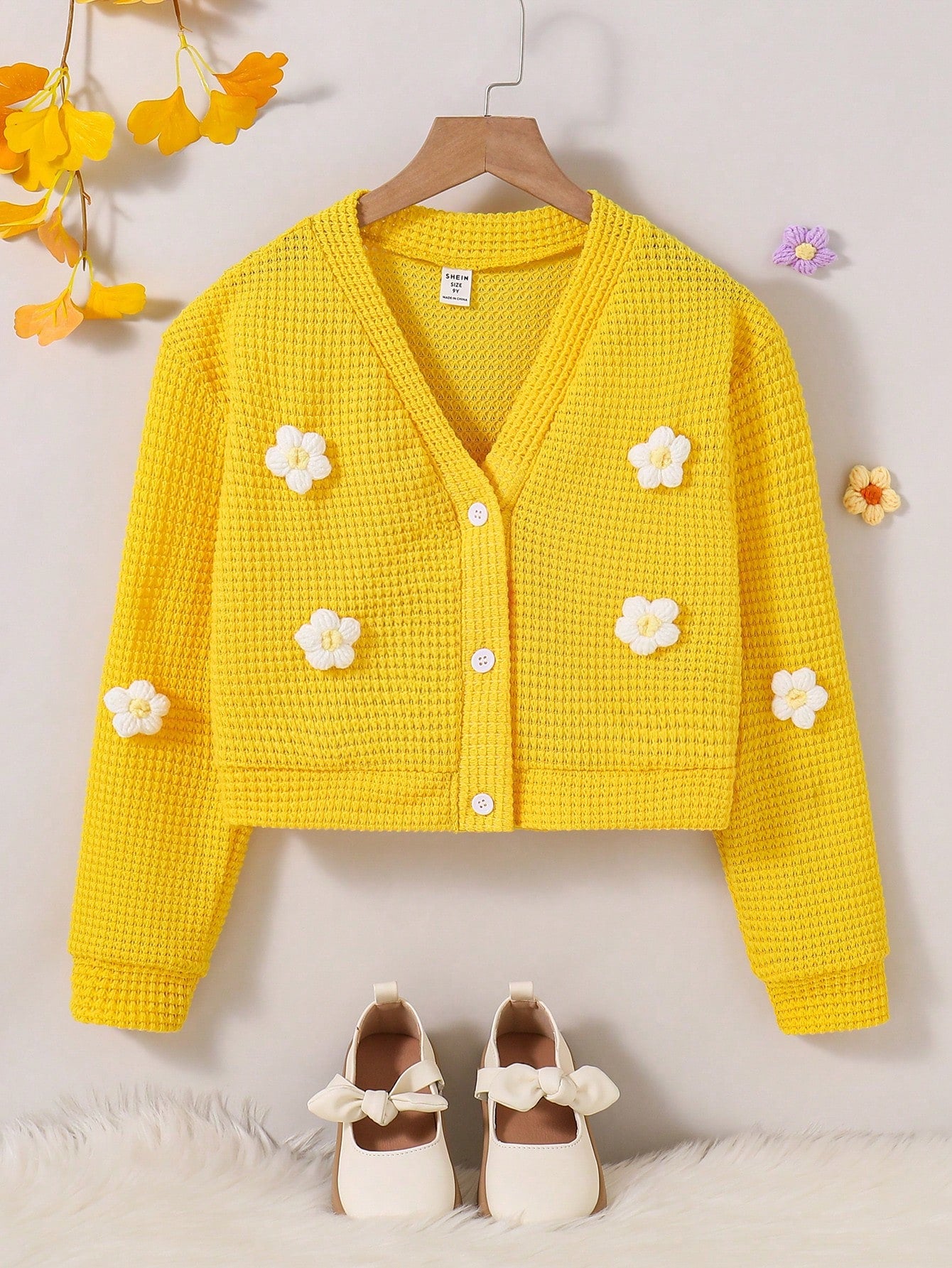 Tween Girls Long Sleeve Casual Floral Print Knitted Yellow Cardigan Zip Up Jacket, Autumn,Holiday,Summer,Travel Fall Winter, Back To School, For Girls