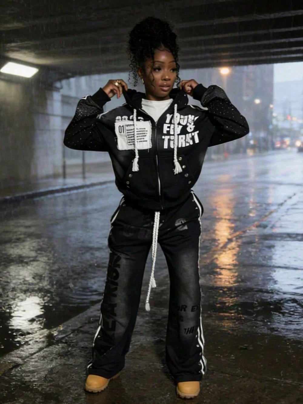 Two Piece Set Women Hip Hop Loose Streetwear Set Women Hooded Sweatshirt Long Pants Casual Outfit