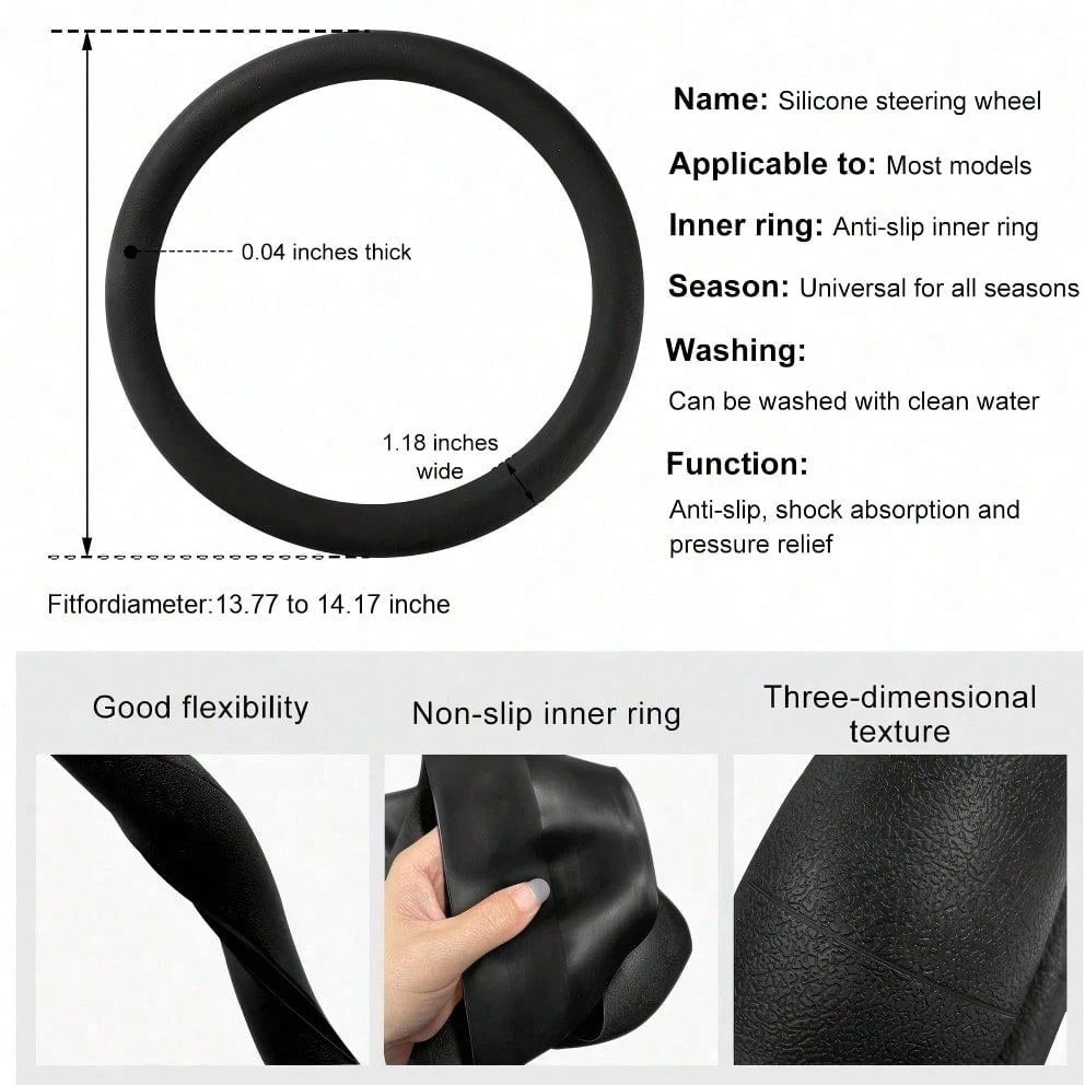 Ultra-Thin Non-Slip Silicone Steering Wheel Cover, Fits 13.77-14.17 Inch Cars, SUVs And Trucks, Quick Installation, Low-Profile Non-Slip, Slightly Sticky Surface, Better Control, Odorless Black Protec