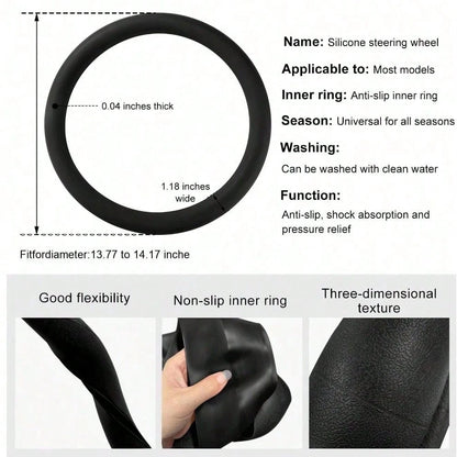 Ultra-Thin Non-Slip Silicone Steering Wheel Cover, Fits 13.77-14.17 Inch Cars, SUVs And Trucks, Quick Installation, Low-Profile Non-Slip, Slightly Sticky Surface, Better Control, Odorless Black Protec