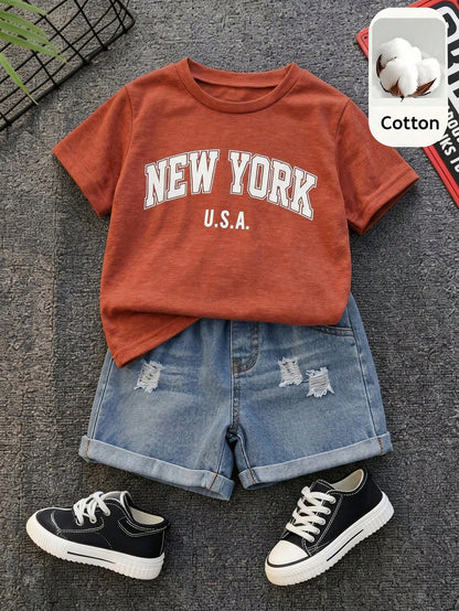 Unisex Baby 2pcs/Set Casual Cute Slogan Graphic Short Sleeve T-Shirt And Distressed Denim Shorts Outfit, Baby Clothing Sets, Streetwear