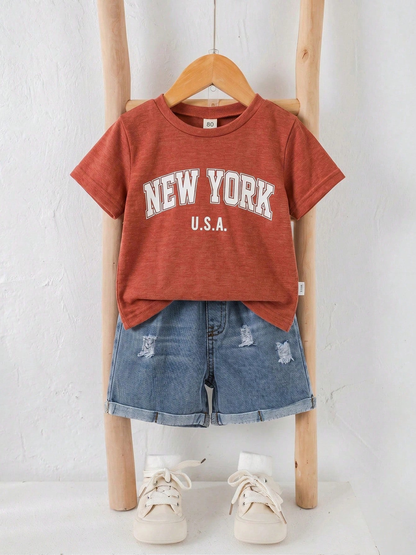 Unisex Baby 2pcs/Set Casual Cute Slogan Graphic Short Sleeve T-Shirt And Distressed Denim Shorts Outfit, Baby Clothing Sets, Streetwear