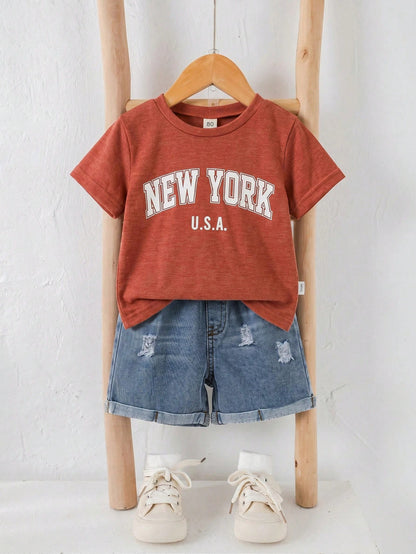 Unisex Baby 2pcs/Set Casual Cute Slogan Graphic Short Sleeve T-Shirt And Distressed Denim Shorts Outfit, Baby Clothing Sets, Streetwear