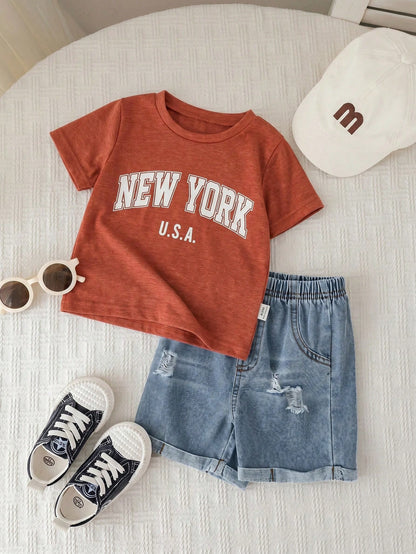 Unisex Baby 2pcs/Set Casual Cute Slogan Graphic Short Sleeve T-Shirt And Distressed Denim Shorts Outfit, Baby Clothing Sets, Streetwear