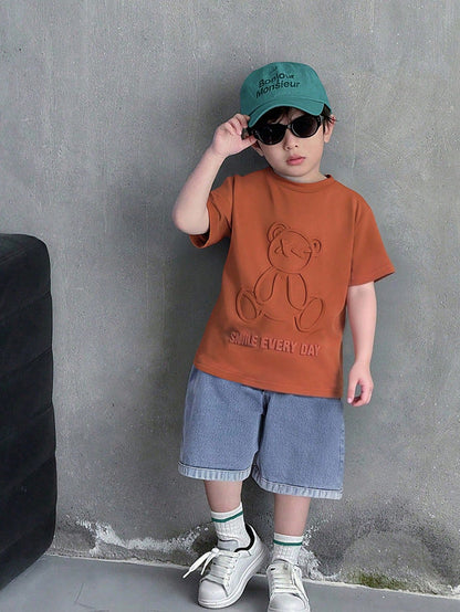 Unisex Baby 2pcs/Set Casual Cute Slogan Graphic Short Sleeve T-Shirt And Distressed Denim Shorts Outfit, Baby Clothing Sets, Streetwear