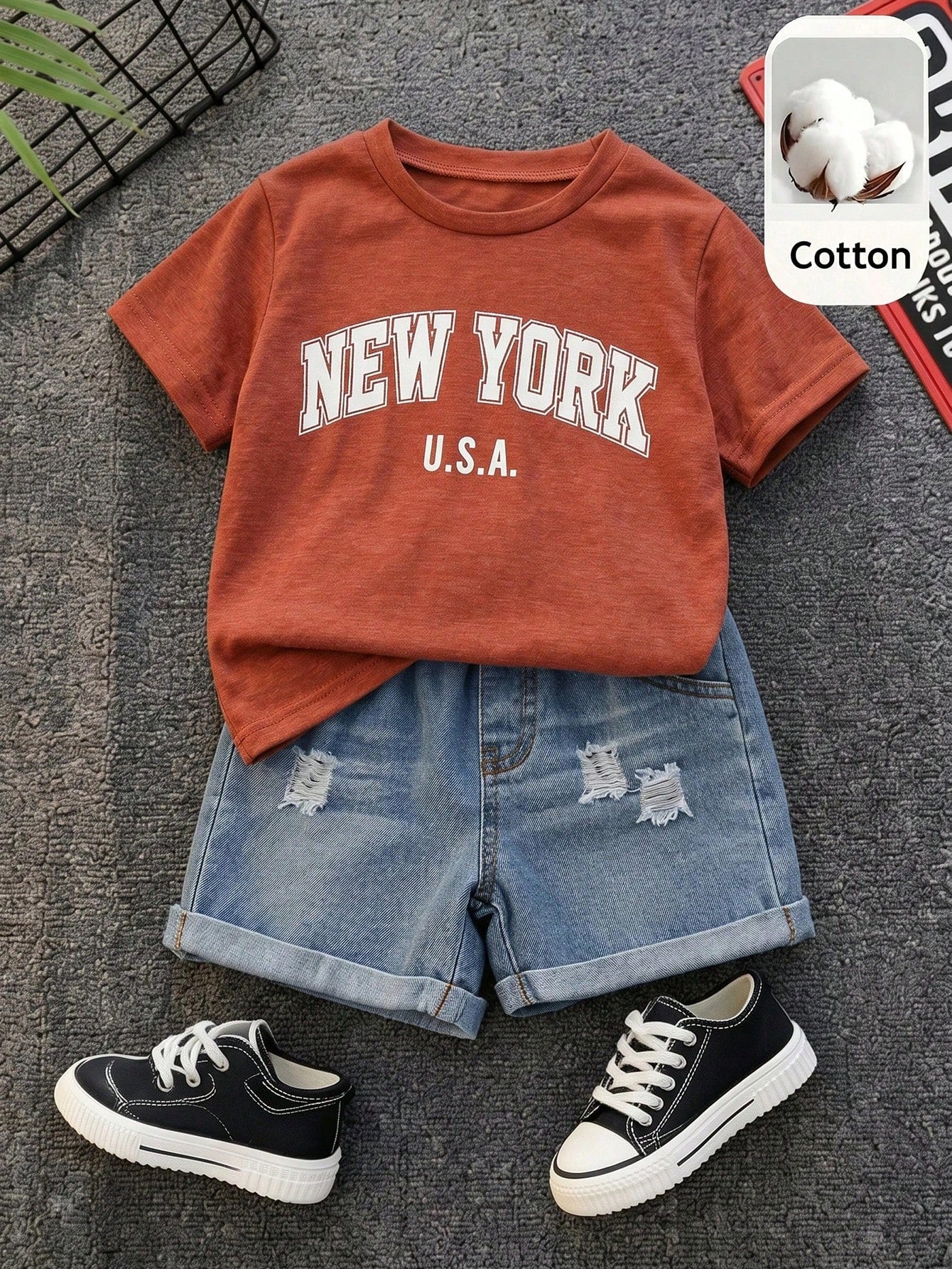 Unisex Baby 2pcs/Set Casual Cute Slogan Graphic Short Sleeve T-Shirt And Distressed Denim Shorts Outfit, Baby Clothing Sets, Streetwear