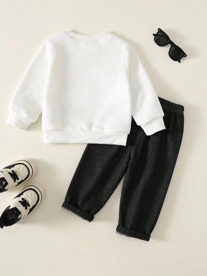 Unisex Baby Boy/Girl, Toddler 2pcs Autumn/Winter Fleece Lined Thickened Fashion Racing Pattern Sweatshirt Set, Denim, Jeans, Baby Winter Clothes, Tracksuit