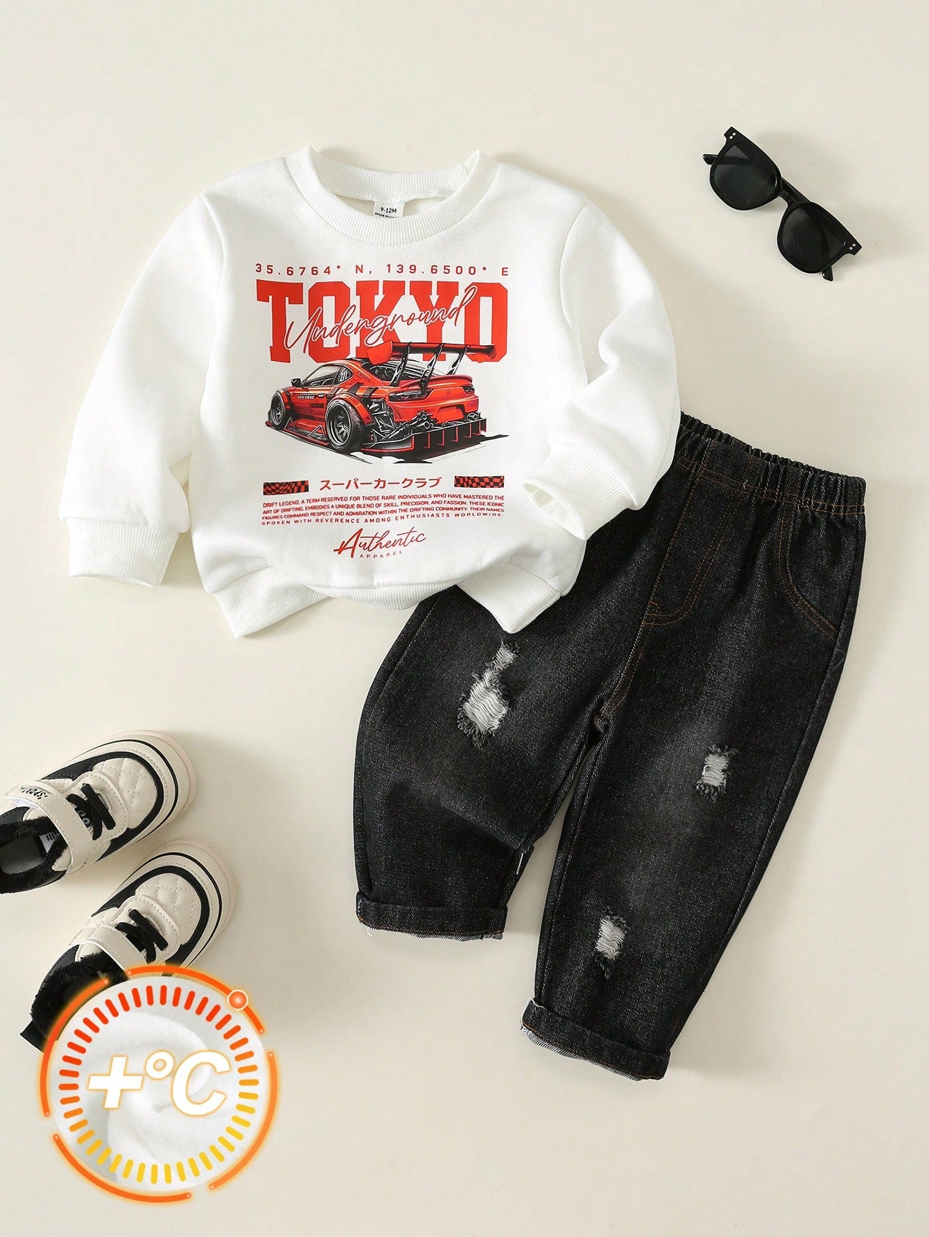 Unisex Baby Boy/Girl, Toddler 2pcs Autumn/Winter Fleece Lined Thickened Fashion Racing Pattern Sweatshirt Set, Denim, Jeans, Baby Winter Clothes, Tracksuit