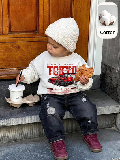 Unisex Baby Boy/Girl, Toddler 2pcs Autumn/Winter Fleece Lined Thickened Fashion Racing Pattern Sweatshirt Set, Denim, Jeans, Baby Winter Clothes, Tracksuit