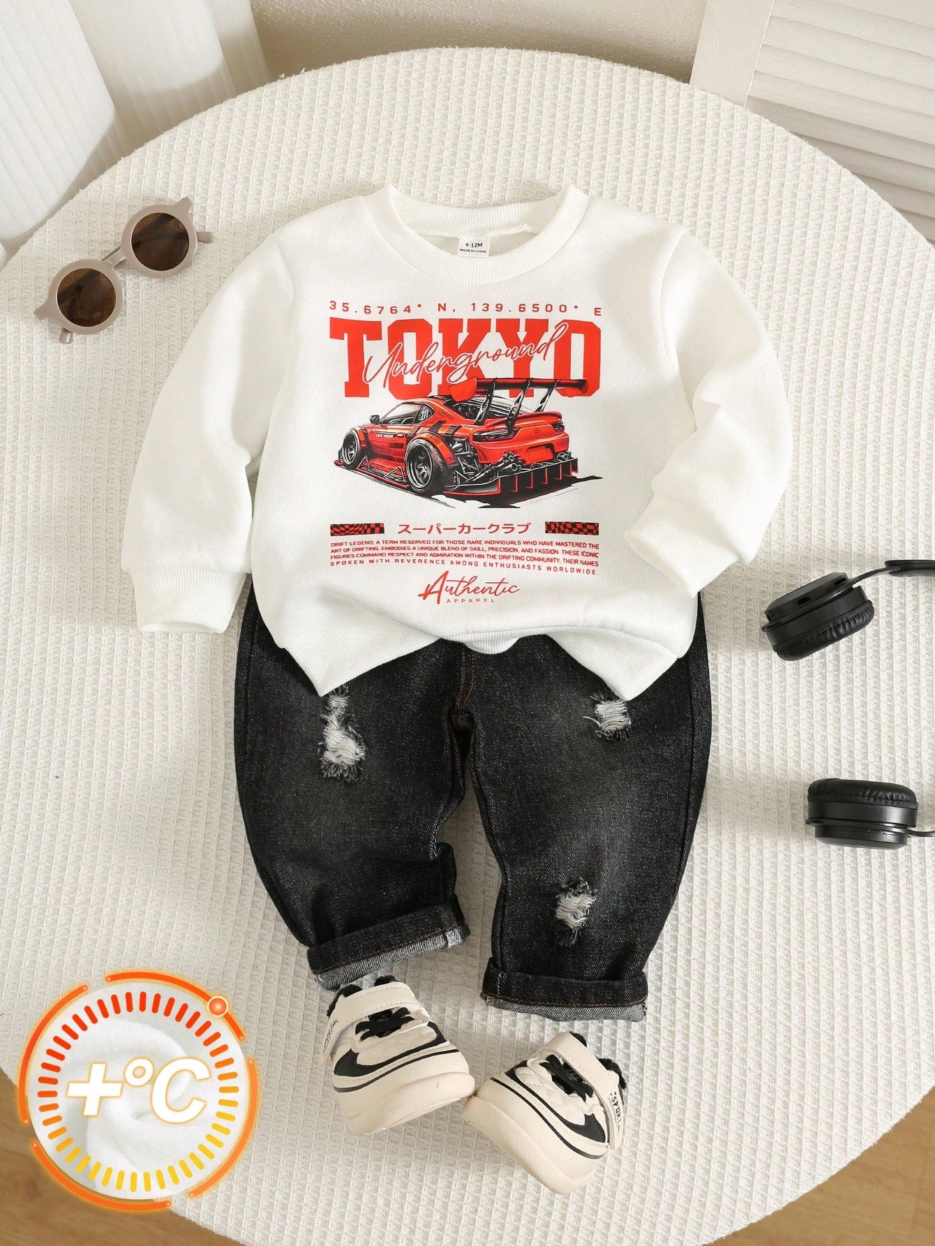 Unisex Baby Boy/Girl, Toddler 2pcs Autumn/Winter Fleece Lined Thickened Fashion Racing Pattern Sweatshirt Set, Denim, Jeans, Baby Winter Clothes, Tracksuit