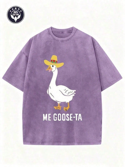 Unisex Washed Tee, 'Me Goose-Ta' Funny Duck Graphic, Retro Summer Short Sleeve Cotton Top, Streetwear Fashion