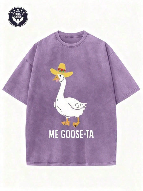 Unisex Washed Tee, 'Me Goose-Ta' Funny Duck Graphic, Retro Summer Short Sleeve Cotton Top, Streetwear Fashion
