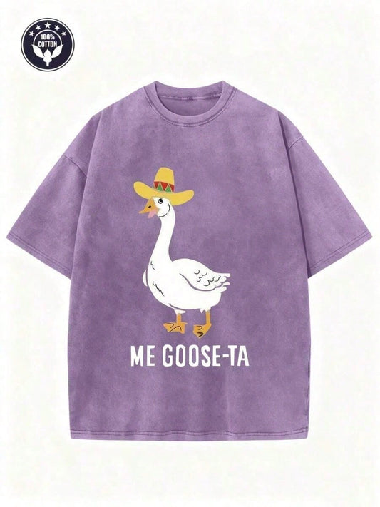 Unisex Washed Tee, 'Me Goose-Ta' Funny Duck Graphic, Retro Summer Short Sleeve Cotton Top, Streetwear Fashion