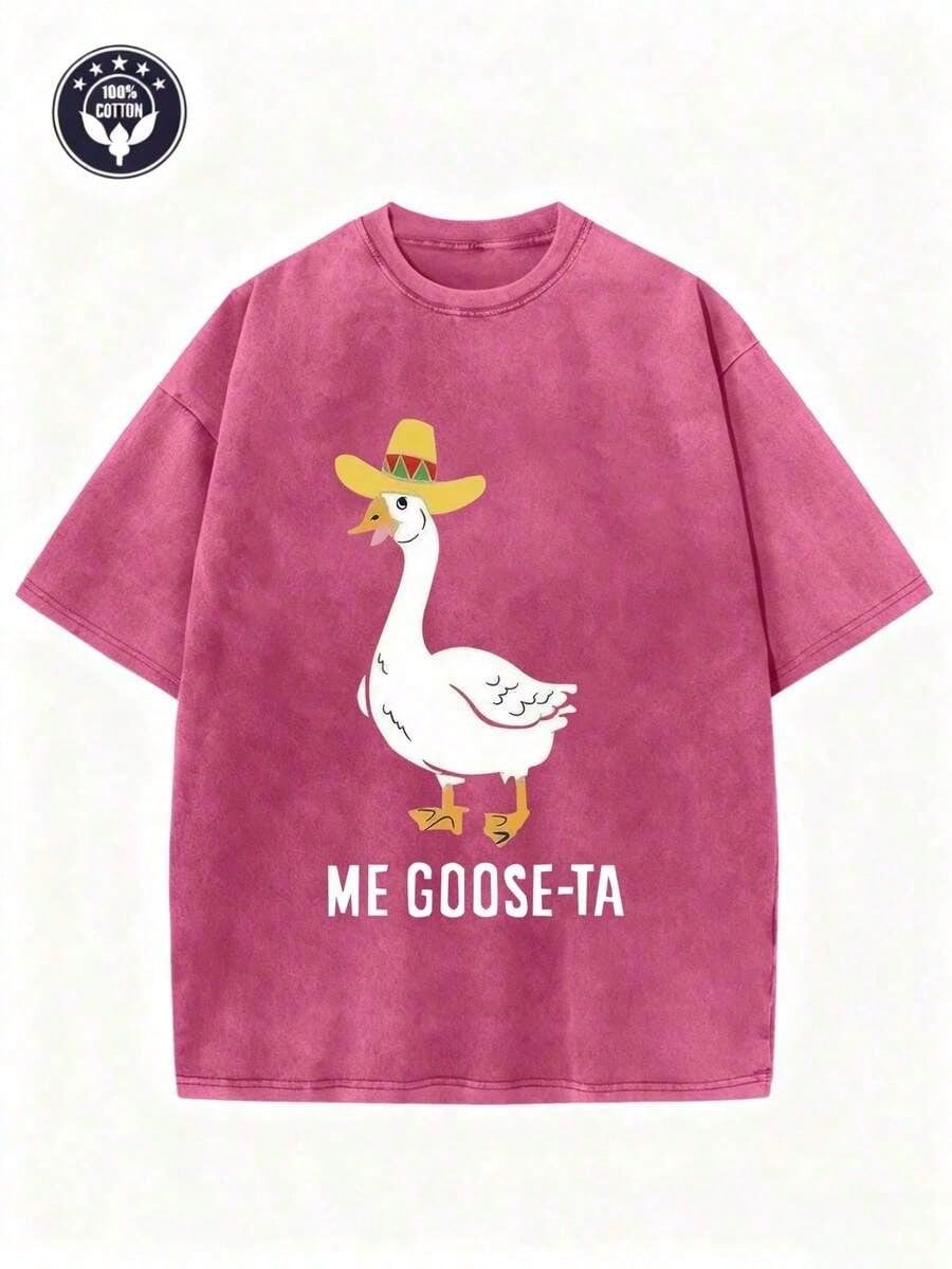 Unisex Washed Tee, 'Me Goose-Ta' Funny Duck Graphic, Retro Summer Short Sleeve Cotton Top, Streetwear Fashion