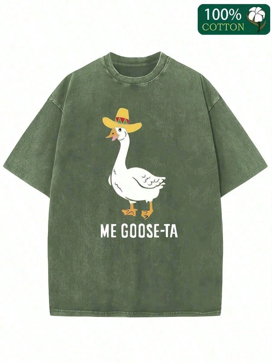 Unisex Washed Tee, 'Me Goose-Ta' Funny Duck Graphic, Retro Summer Short Sleeve Cotton Top, Streetwear Fashion