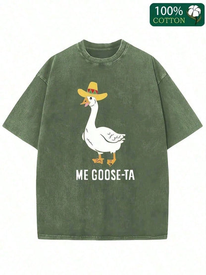 Unisex Washed Tee, 'Me Goose-Ta' Funny Duck Graphic, Retro Summer Short Sleeve Cotton Top, Streetwear Fashion