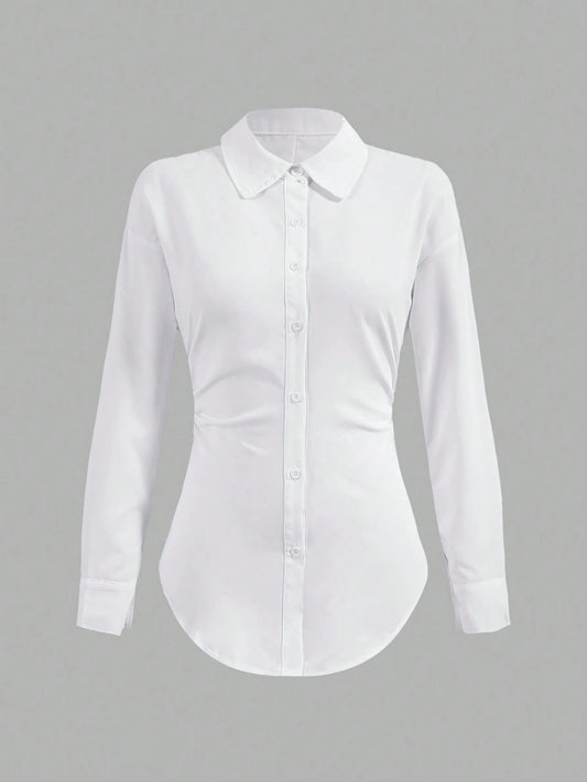 Unity Solid Color Ruched Waist Asymmetrical Hem Long Sleeve Shirt Fall Cloth For Women