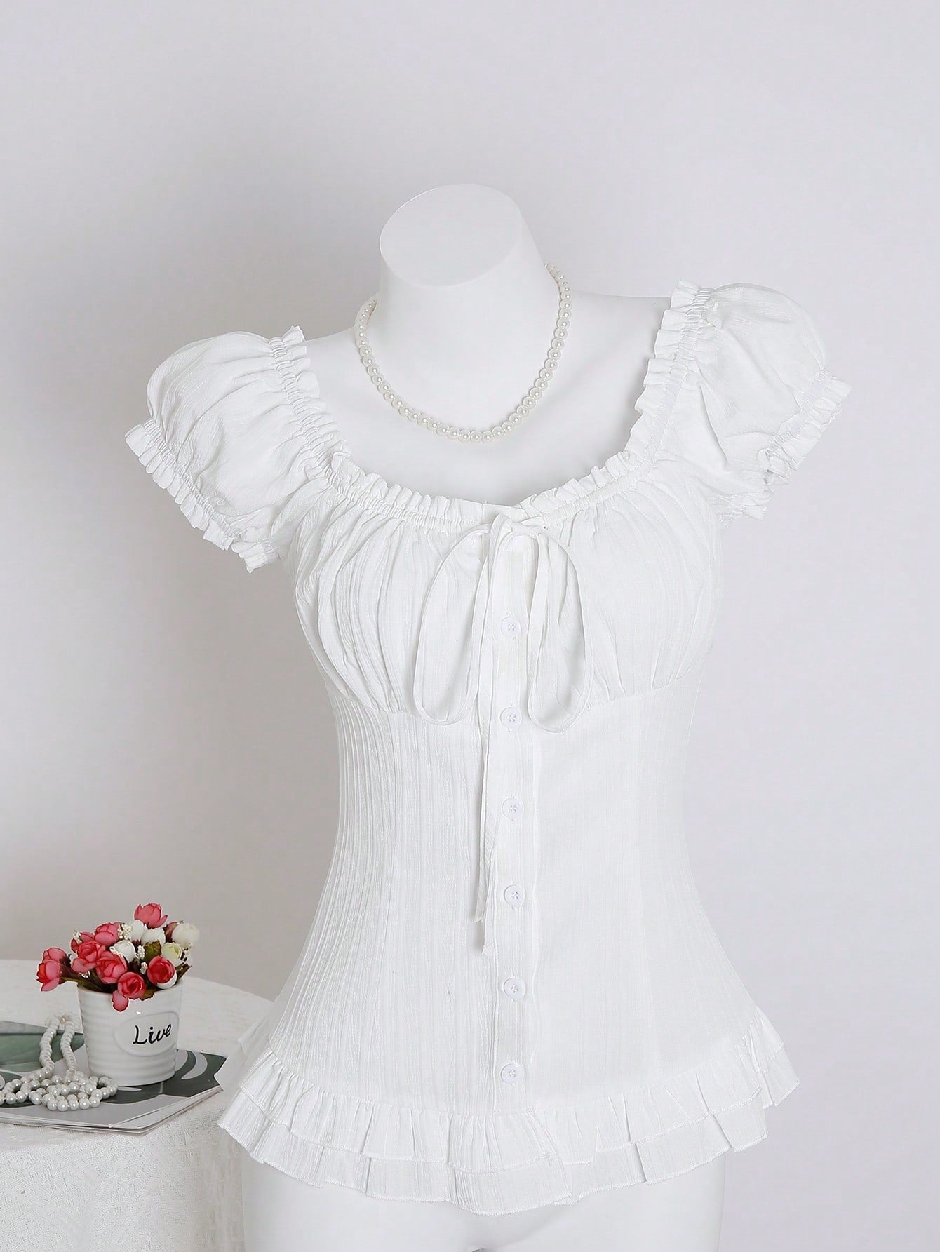 Unity Women's Summer Solid Color Waist-Cinched Ruffle Tie-Cuff Short Sleeve Shirt