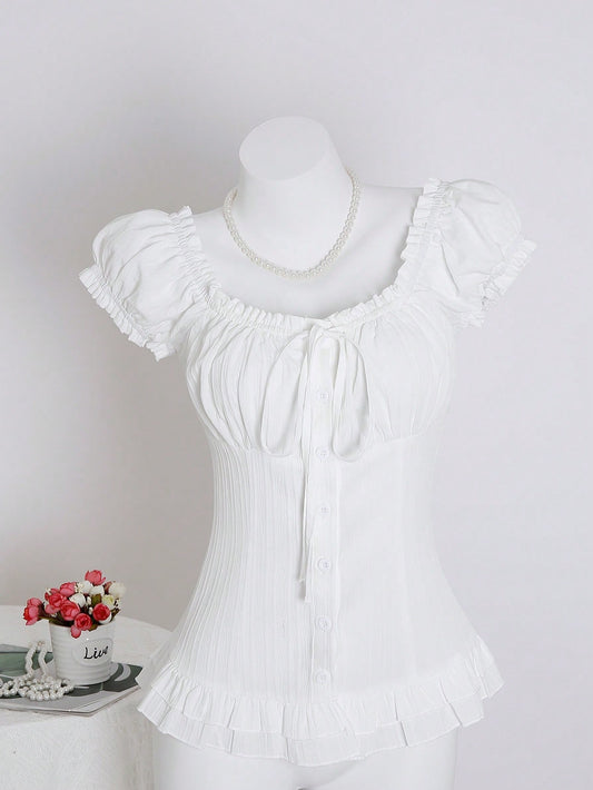 Unity Women's Summer Solid Color Waist-Cinched Ruffle Tie-Cuff Short Sleeve Shirt