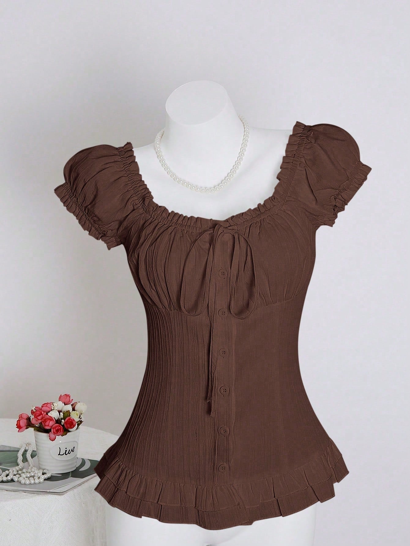 Unity Women's Summer Solid Color Waist-Cinched Ruffle Tie-Cuff Short Sleeve Shirt
