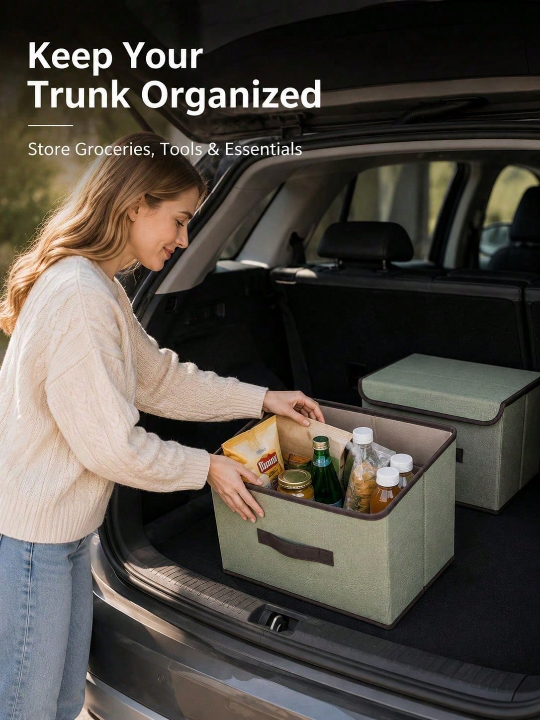 Universal Trunk Storage Box With Lid- Foldable Non-Woven Fabric Storage Box, Large Foldable Cargo Box, Suitable For Clothes, Toys, Food, SUV, Truck And Car Accessories