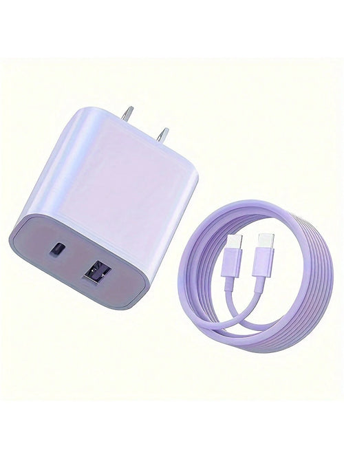 USB-C Wall Charger With Cable, Dual-Port IP Phone Charger 20W PD+OC3.0 Power Adapter, Fast Charging Plug And Cable.