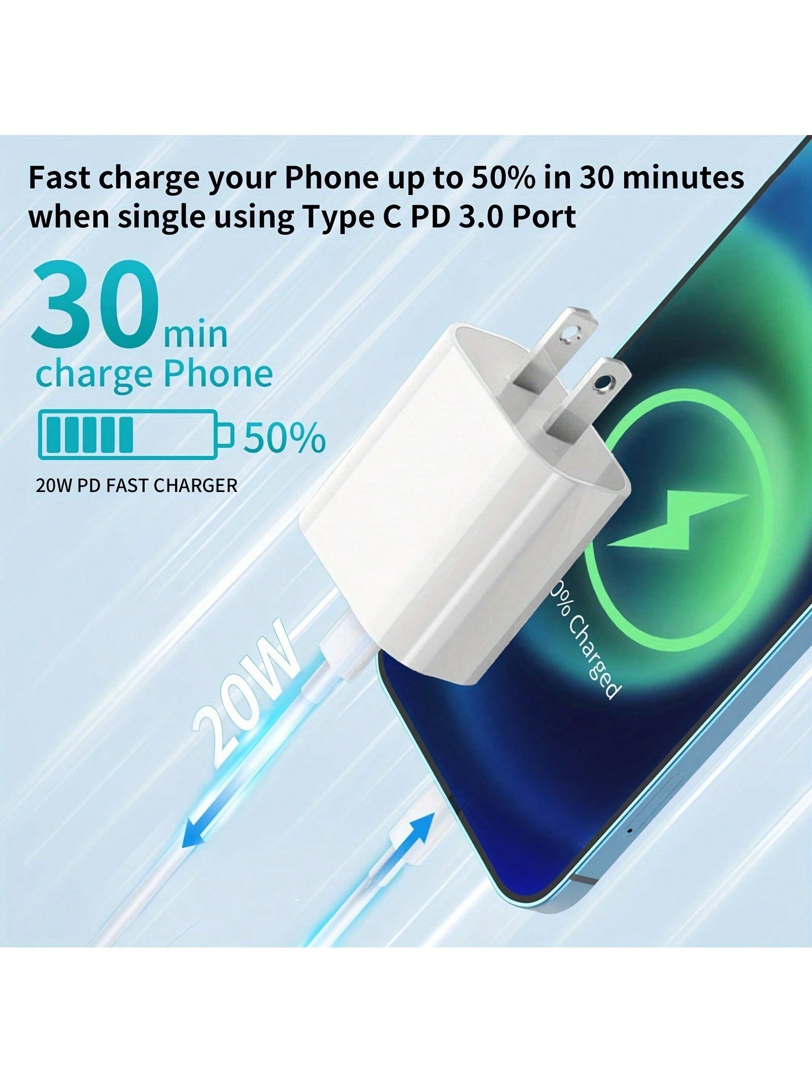 USB-C Wall Charger With Cable, Dual-Port IP Phone Charger 20W PD+OC3.0 Power Adapter, Fast Charging Plug And Cable.