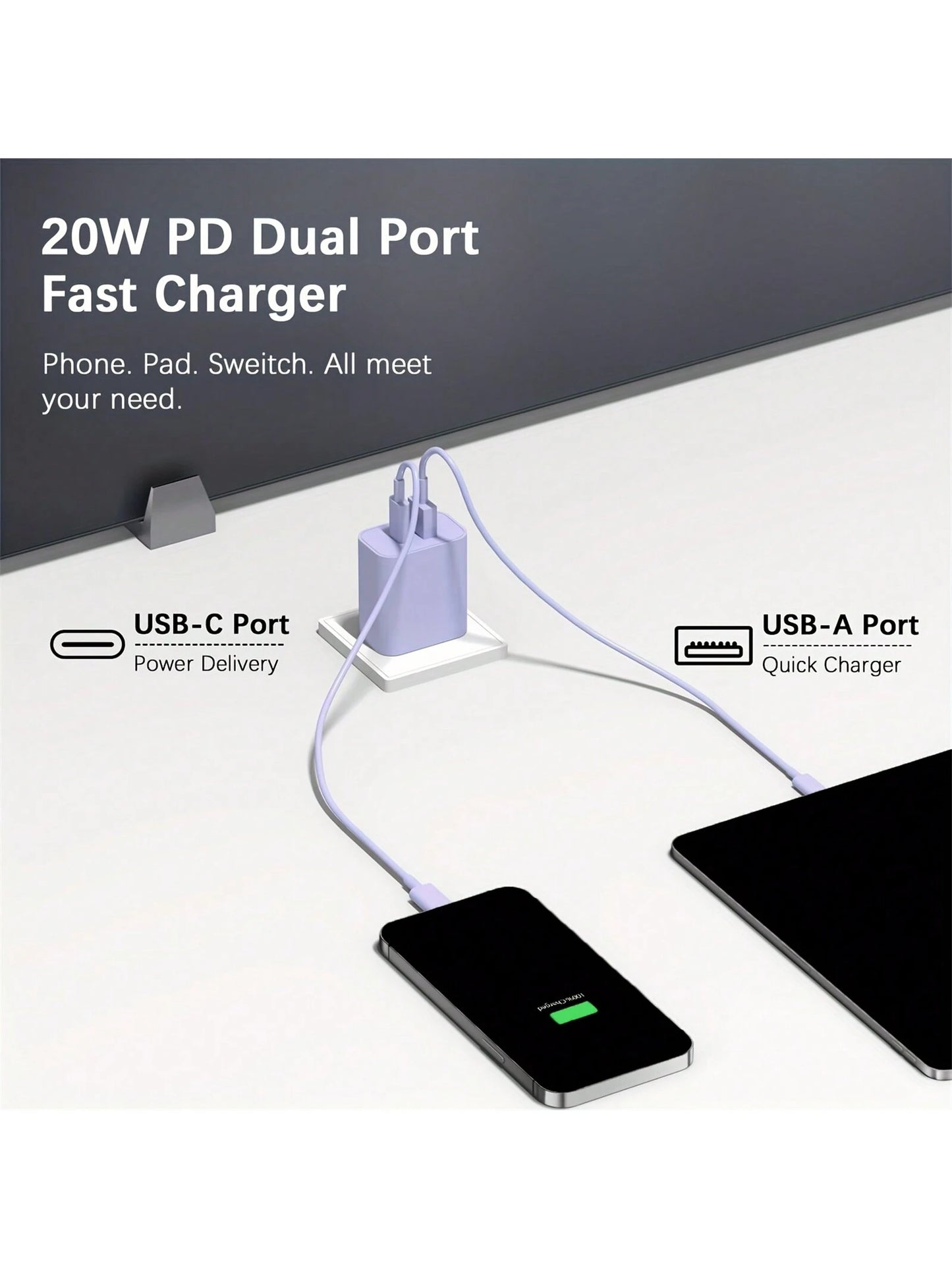 USB-C Wall Charger With Cable, Dual-Port IP Phone Charger 20W PD+OC3.0 Power Adapter, Fast Charging Plug And Cable.