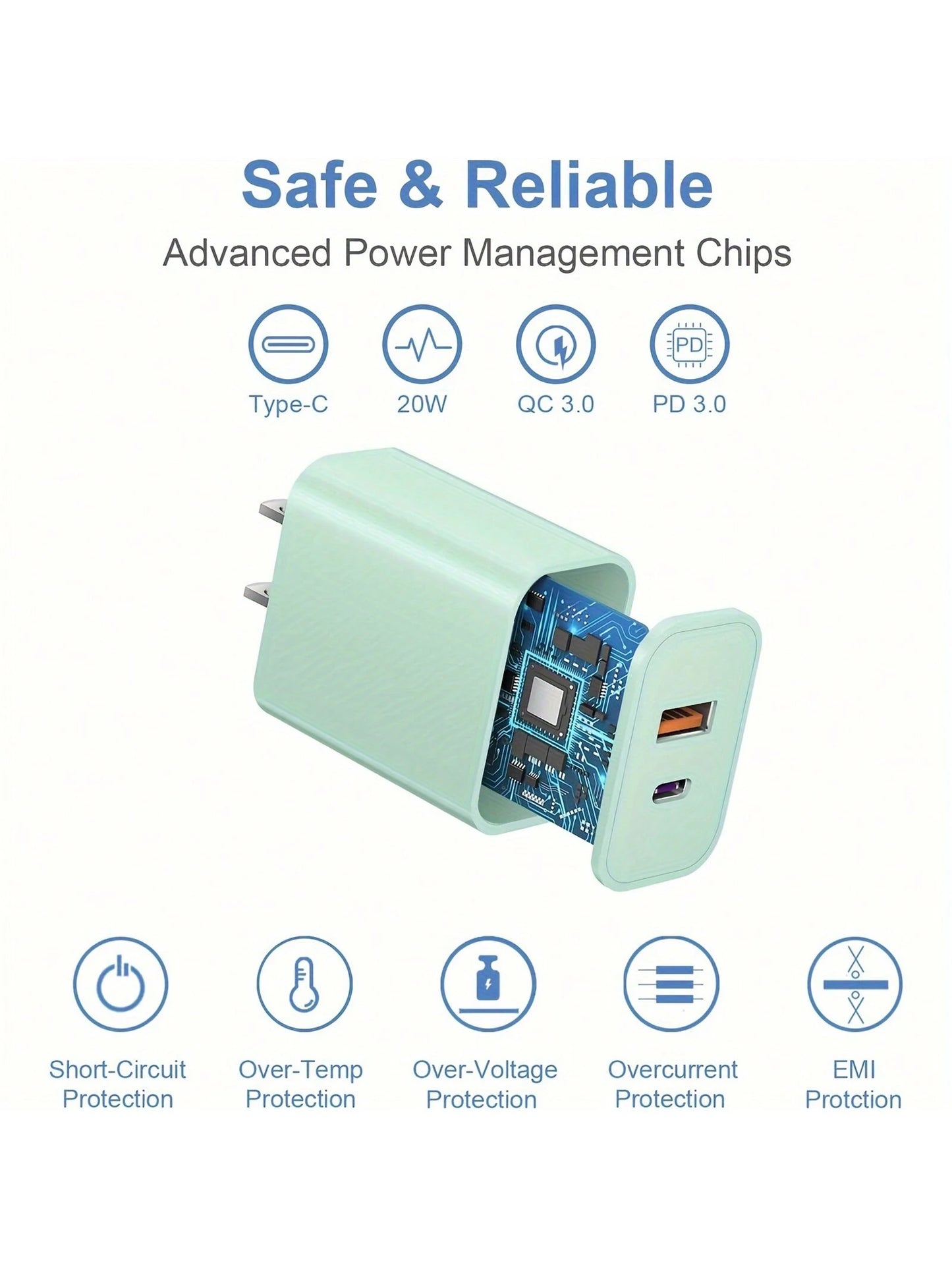 USB-C Wall Charger With Cable, Dual-Port IP Phone Charger 20W PD+OC3.0 Power Adapter, Fast Charging Plug And Cable.