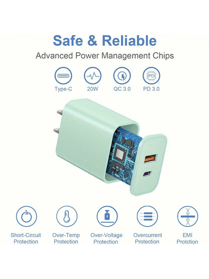 USB-C Wall Charger With Cable, Dual-Port IP Phone Charger 20W PD+OC3.0 Power Adapter, Fast Charging Plug And Cable.