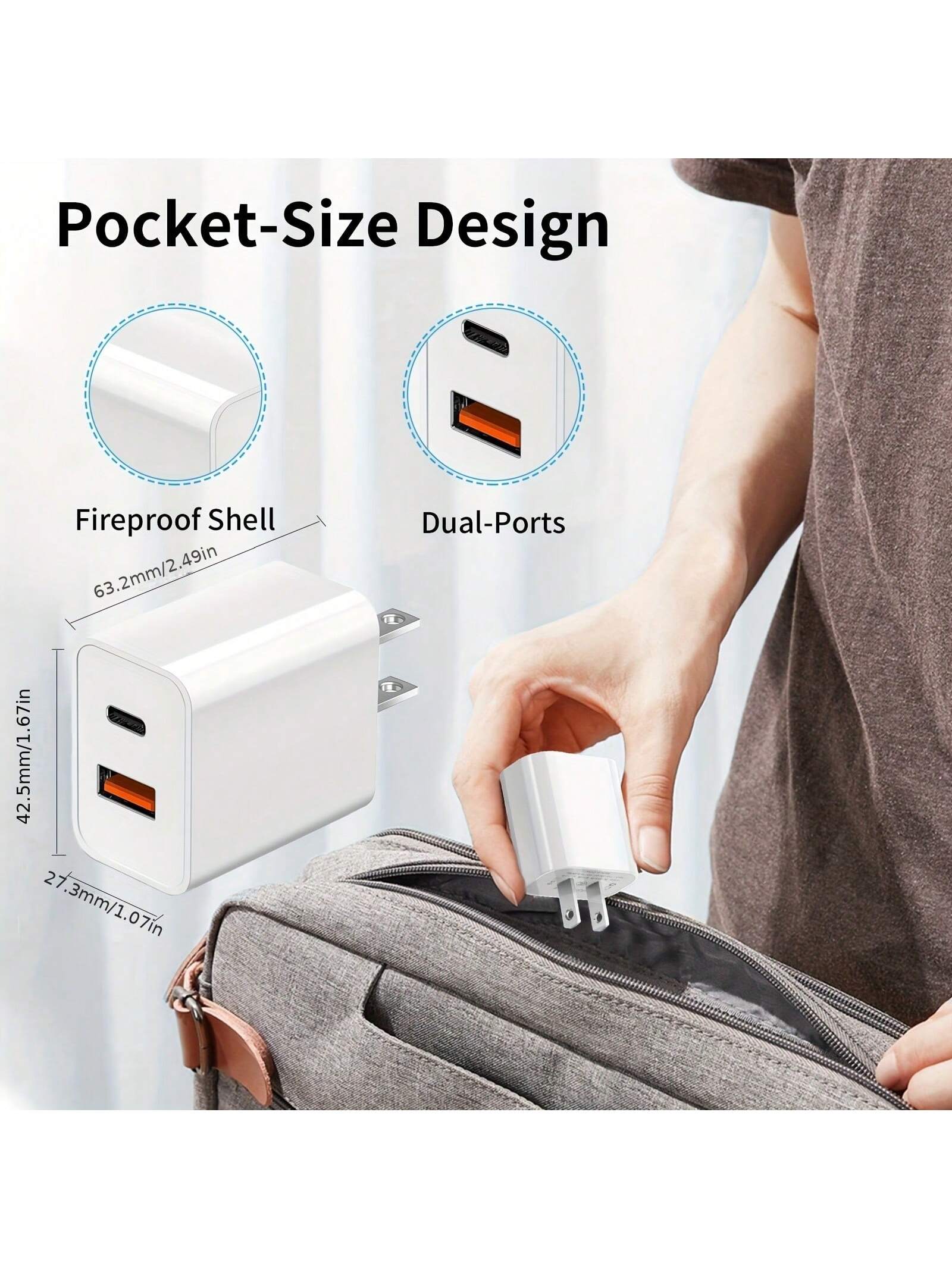 USB-C Wall Charger With Cable, Dual-Port IP Phone Charger 20W PD+OC3.0 Power Adapter, Fast Charging Plug And Cable.