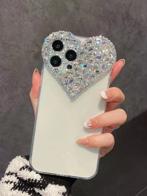 Valentines Sequins Y2k Rhinestone Decor Heart-Shaped Clear Phone Case With Colored Rhinestone Decors Shockproof Cover