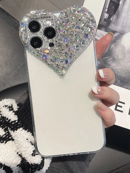 Valentines Sequins Y2k Rhinestone Decor Heart-Shaped Clear Phone Case With Colored Rhinestone Decors Shockproof Cover