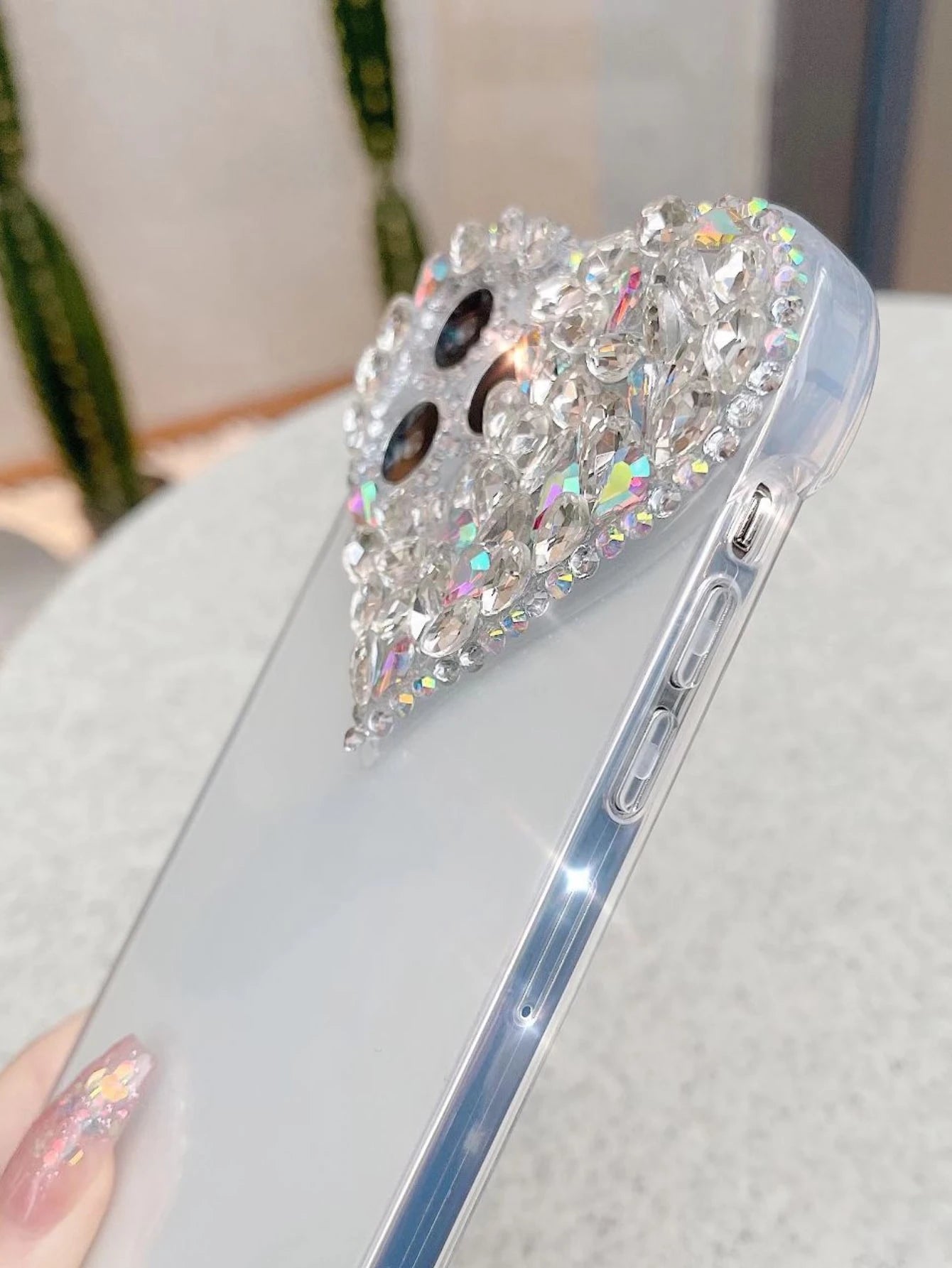 Valentines Sequins Y2k Rhinestone Decor Heart-Shaped Clear Phone Case With Colored Rhinestone Decors Shockproof Cover