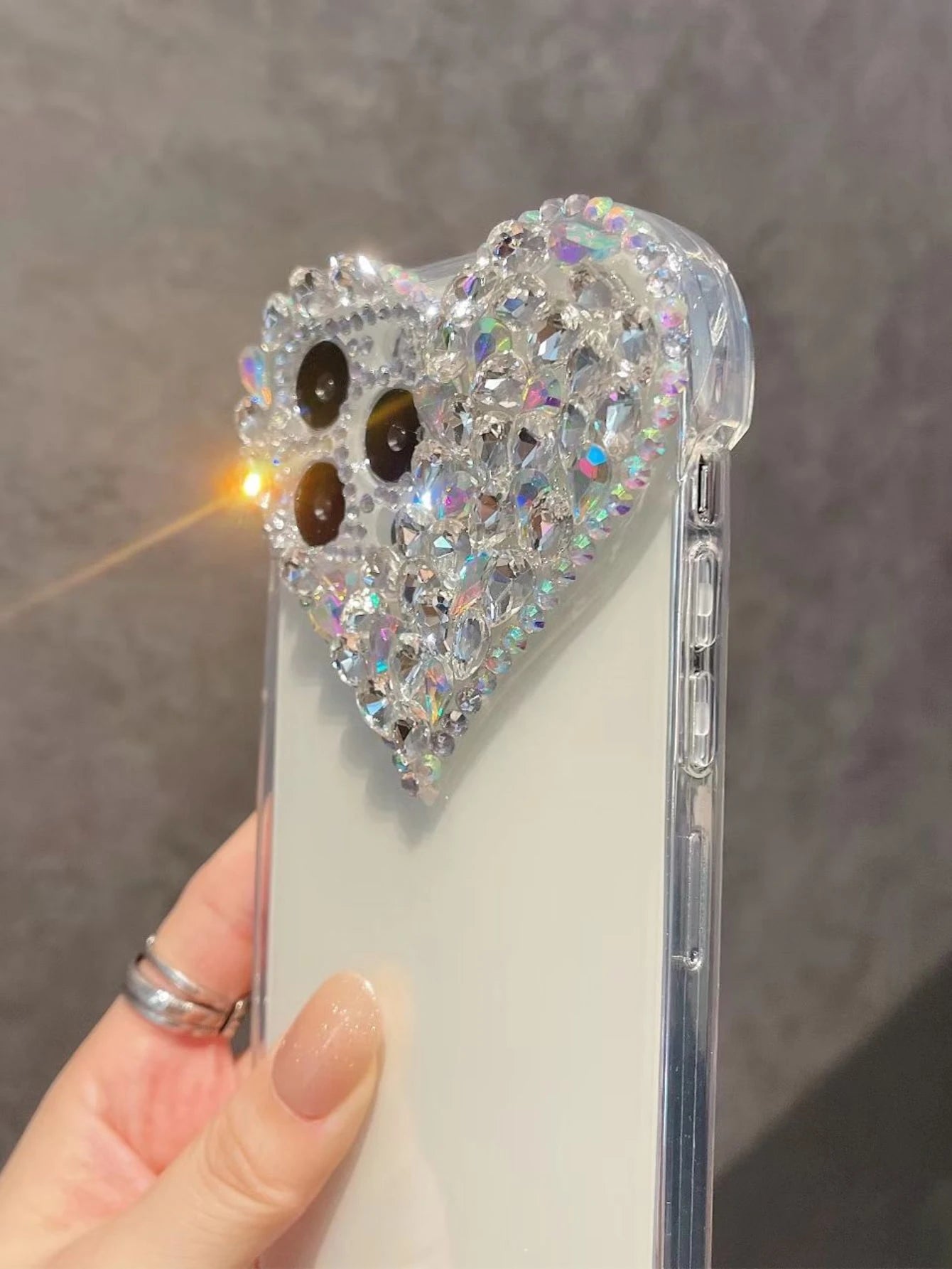 Valentines Sequins Y2k Rhinestone Decor Heart-Shaped Clear Phone Case With Colored Rhinestone Decors Shockproof Cover