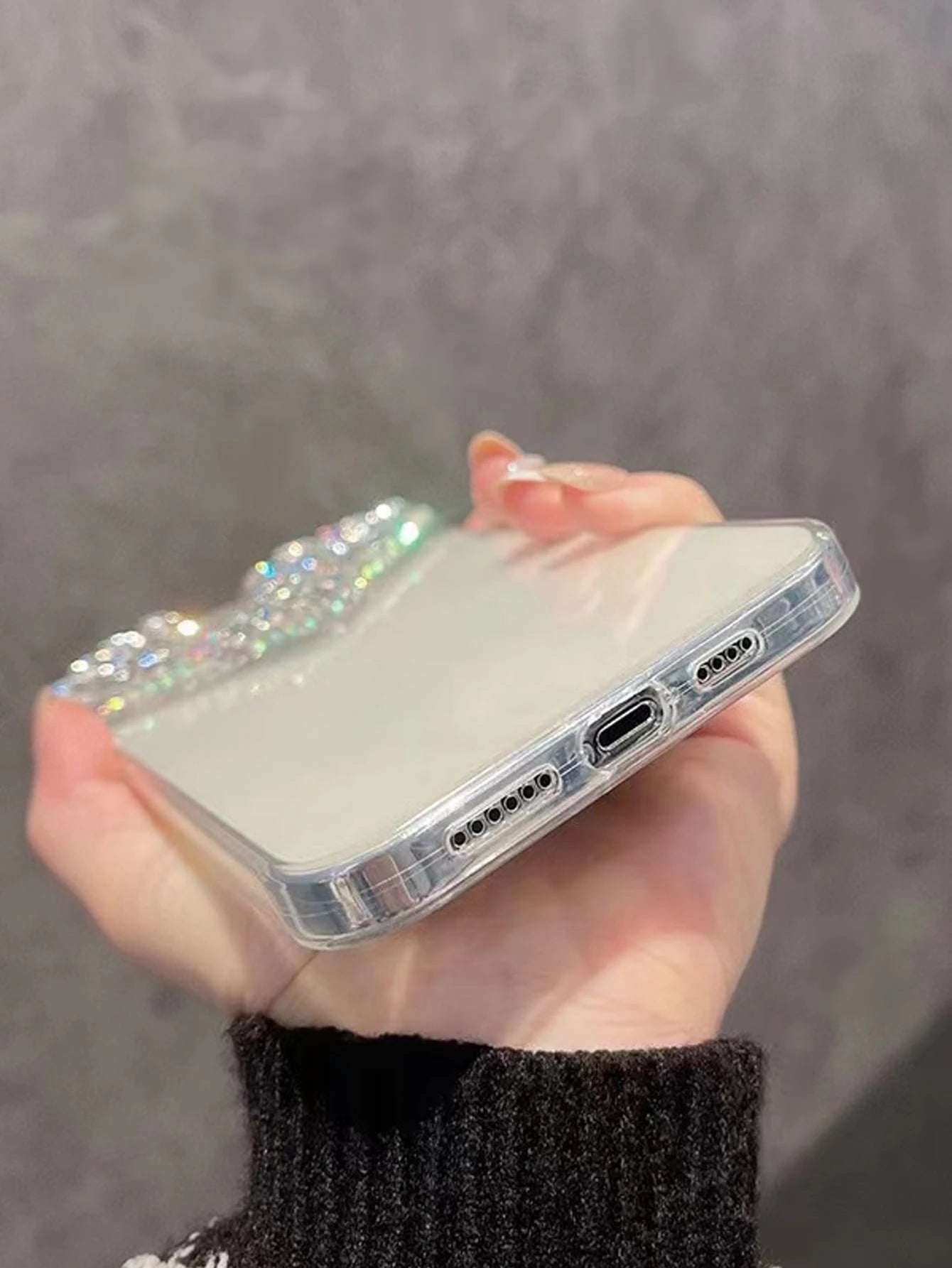 Valentines Sequins Y2k Rhinestone Decor Heart-Shaped Clear Phone Case With Colored Rhinestone Decors Shockproof Cover