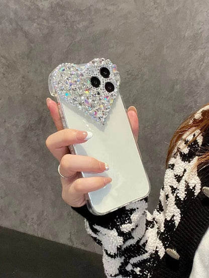 Valentines Sequins Y2k Rhinestone Decor Heart-Shaped Clear Phone Case With Colored Rhinestone Decors Shockproof Cover