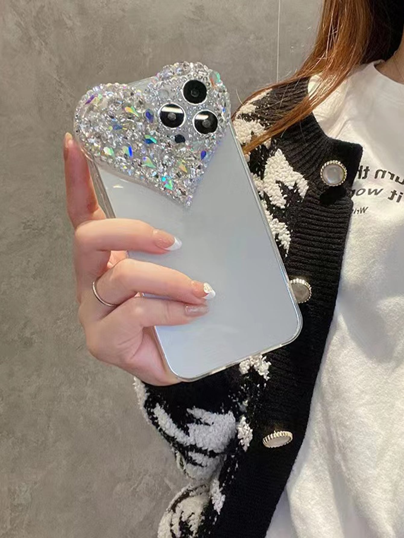 Valentines Sequins Y2k Rhinestone Decor Heart-Shaped Clear Phone Case With Colored Rhinestone Decors Shockproof Cover