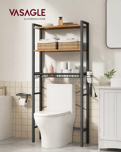 VASAGLE Over The Toilet Storage, Over Toilet Bathroom Organizer With Adjustable Shelves And Basket, 3 Hooks, Space Saving, 9.4 X 23.6 X 63 Inches