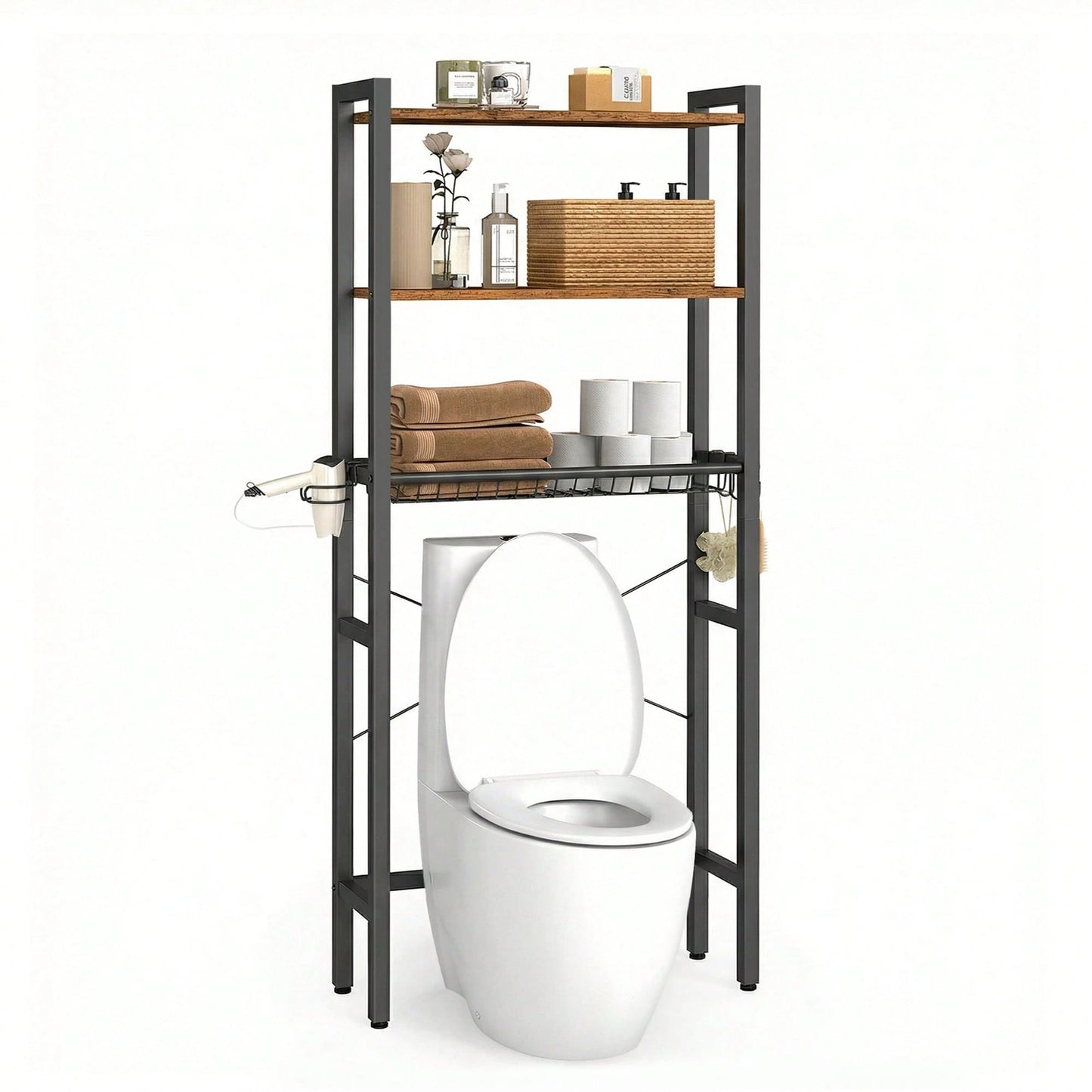 VASAGLE Over The Toilet Storage, Over Toilet Bathroom Organizer With Adjustable Shelves And Basket, 3 Hooks, Space Saving, 9.4 X 23.6 X 63 Inches