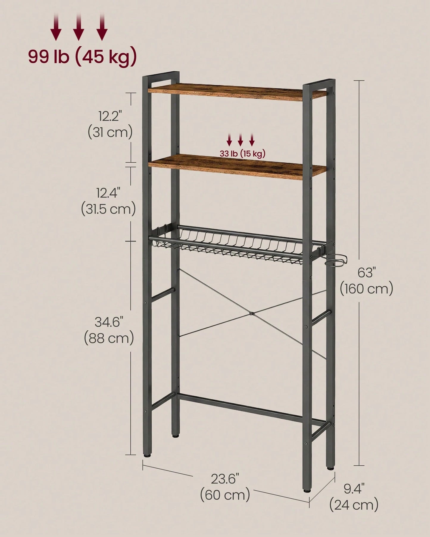 VASAGLE Over The Toilet Storage, Over Toilet Bathroom Organizer With Adjustable Shelves And Basket, 3 Hooks, Space Saving, 9.4 X 23.6 X 63 Inches
