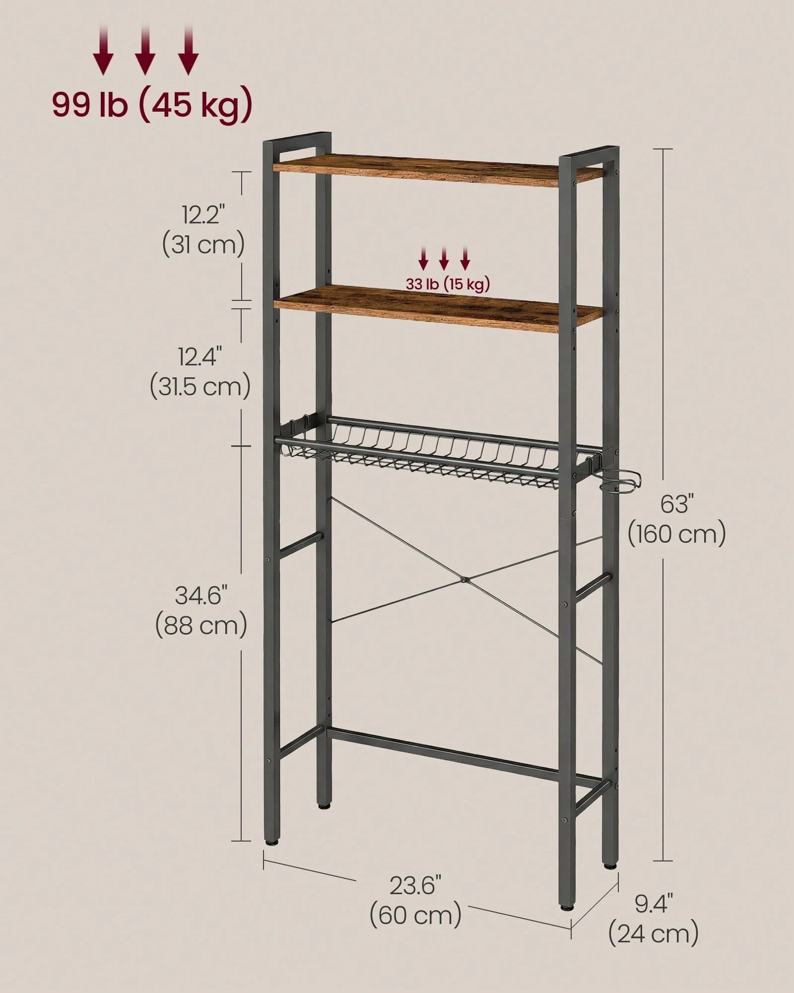 VASAGLE Over The Toilet Storage, Over Toilet Bathroom Organizer With Adjustable Shelves And Basket, 3 Hooks, Space Saving, 9.4 X 23.6 X 63 Inches