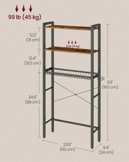 VASAGLE Over The Toilet Storage, Over Toilet Bathroom Organizer With Adjustable Shelves And Basket, 3 Hooks, Space Saving, 9.4 X 23.6 X 63 Inches