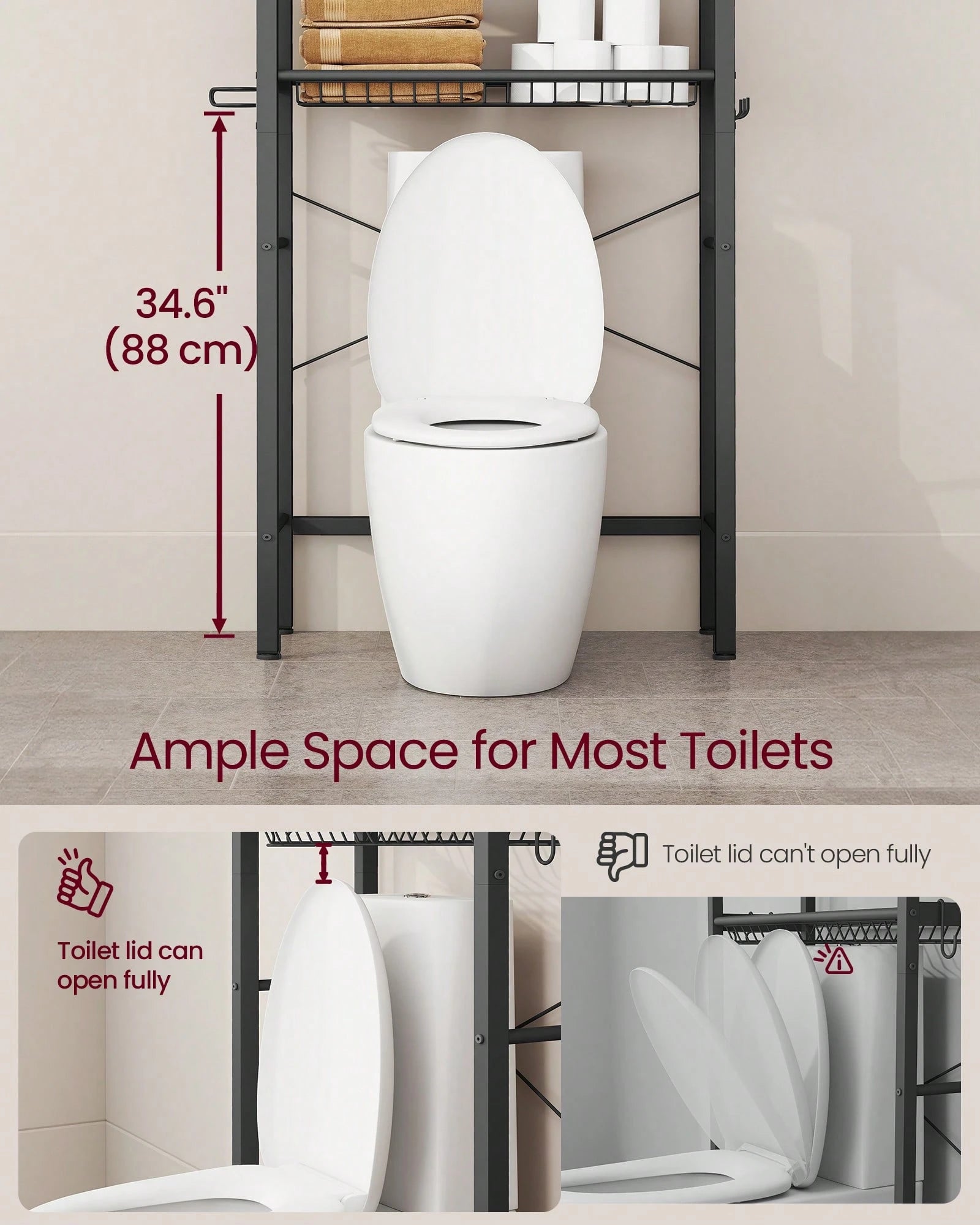 VASAGLE Over The Toilet Storage, Over Toilet Bathroom Organizer With Adjustable Shelves And Basket, 3 Hooks, Space Saving, 9.4 X 23.6 X 63 Inches