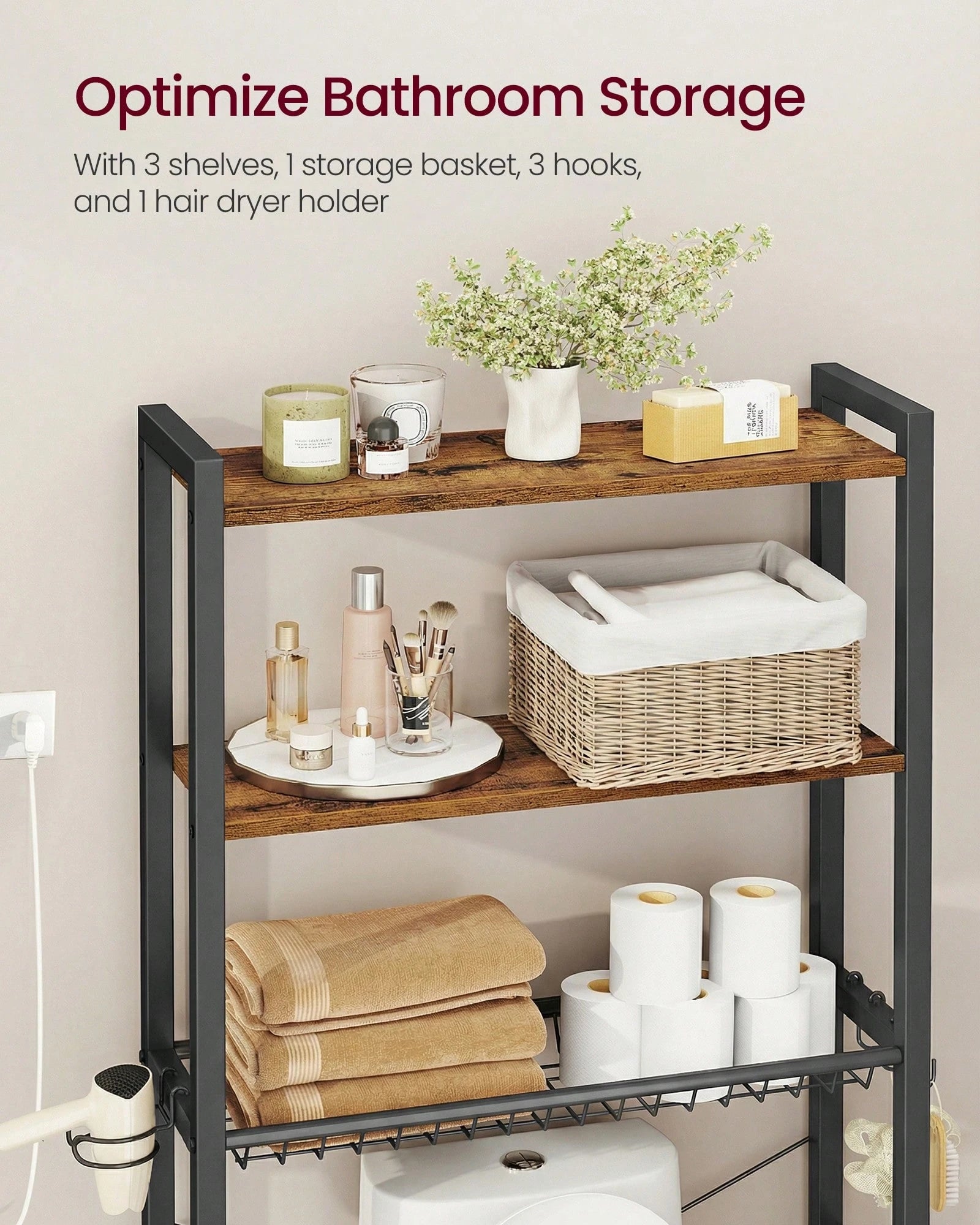 VASAGLE Over The Toilet Storage, Over Toilet Bathroom Organizer With Adjustable Shelves And Basket, 3 Hooks, Space Saving, 9.4 X 23.6 X 63 Inches